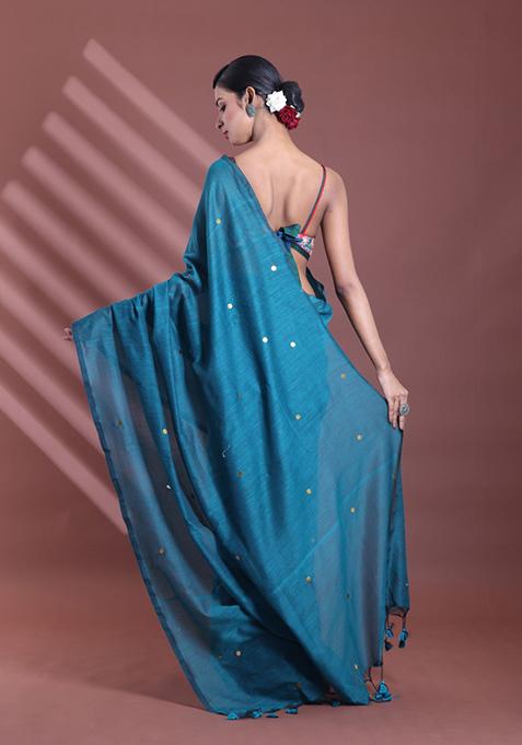 Teal Green Sequin Work Soft Pure Cotton Saree Set