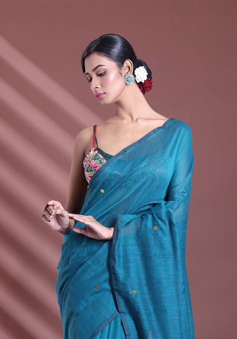 Teal Green Sequin Work Soft Pure Cotton Saree Set
