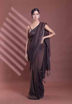 Brown Sequin Work Soft Pure Cotton Saree Set