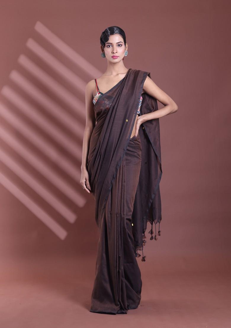 Brown Sequin Work Soft Pure Cotton Saree Set