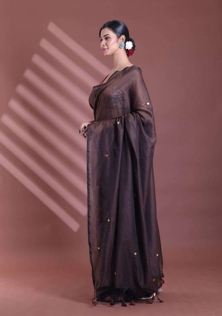 Brown Sequin Work Soft Pure Cotton Saree Set