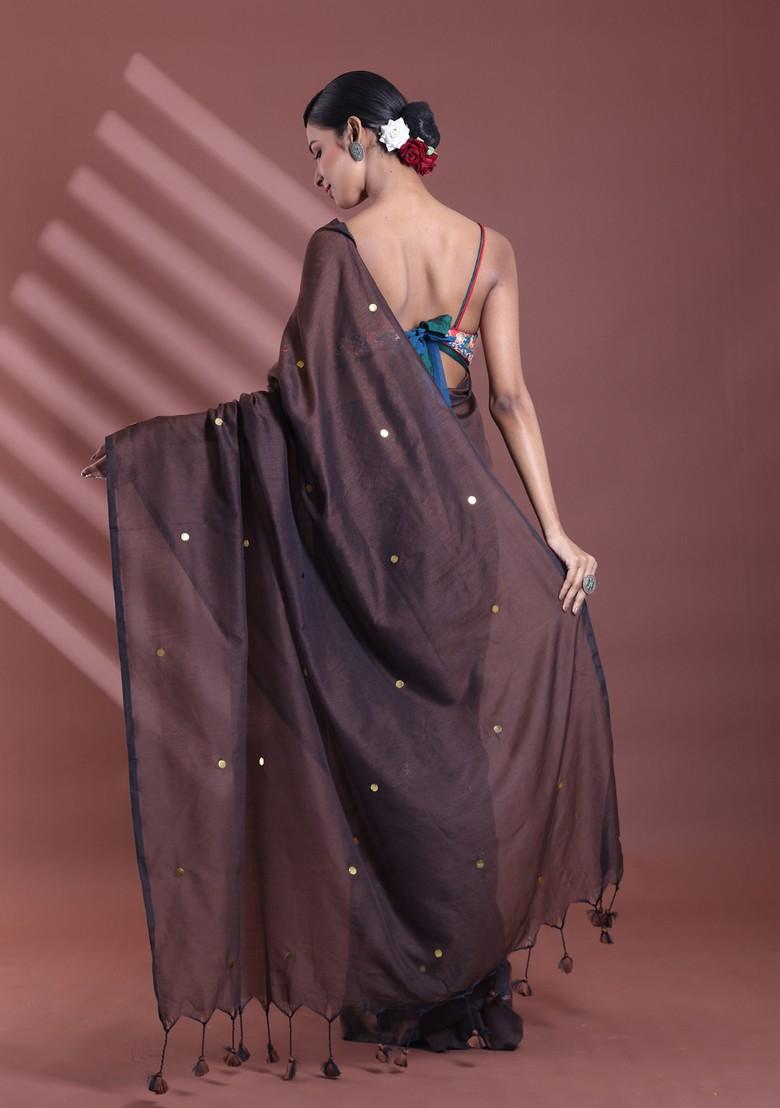 Brown Sequin Work Soft Pure Cotton Saree Set