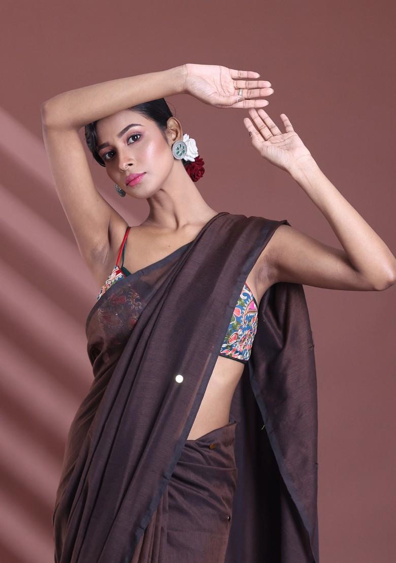 Brown Sequin Work Soft Pure Cotton Saree Set