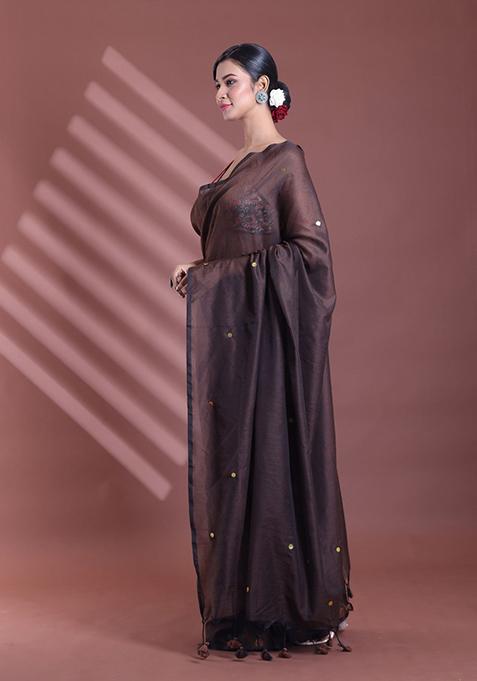 Brown Sequin Work Soft Pure Cotton Saree Set