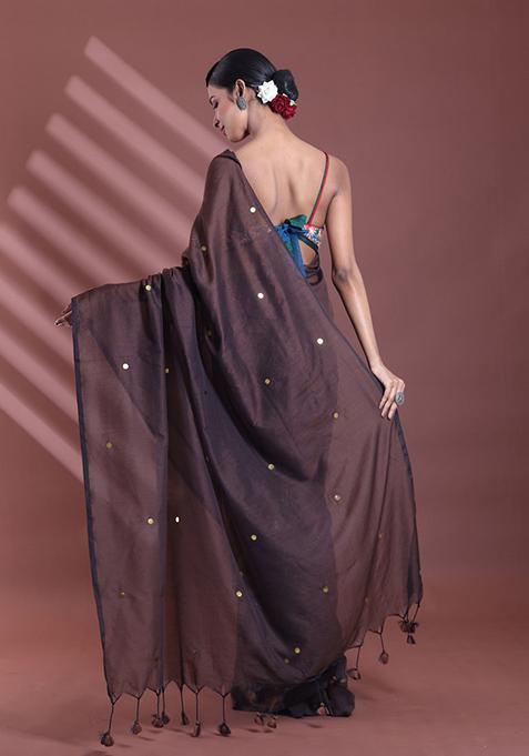 Brown Sequin Work Soft Pure Cotton Saree Set