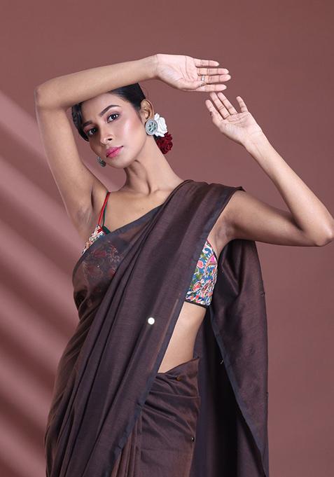 Brown Sequin Work Soft Pure Cotton Saree Set