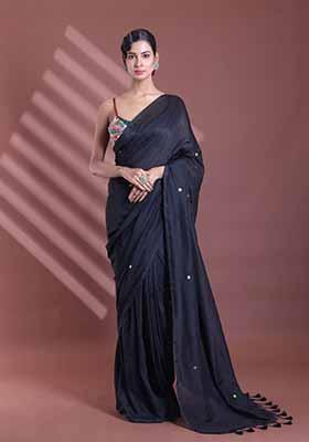 Black Sequin Work Soft Pure Cotton Saree Set