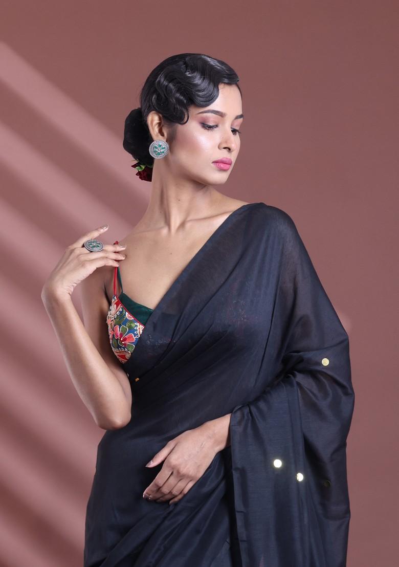 Black Sequin Work Soft Pure Cotton Saree Set