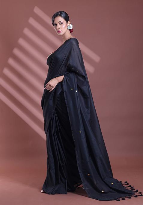 Black Sequin Work Soft Pure Cotton Saree Set
