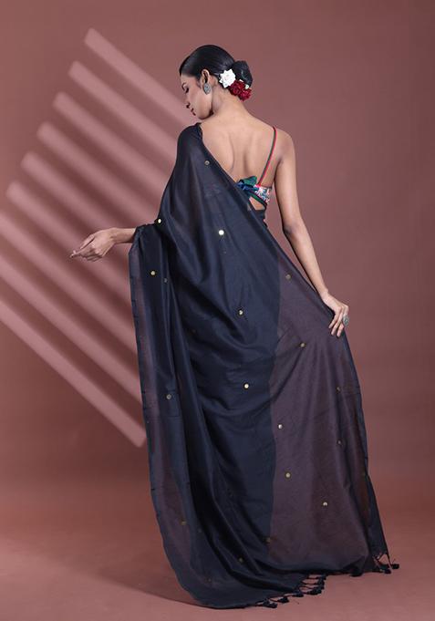 Black Sequin Work Soft Pure Cotton Saree Set