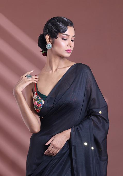 Black Sequin Work Soft Pure Cotton Saree Set