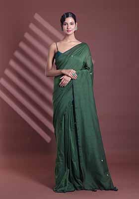 Moss Green Sequin Work Soft Pure Cotton Saree Set