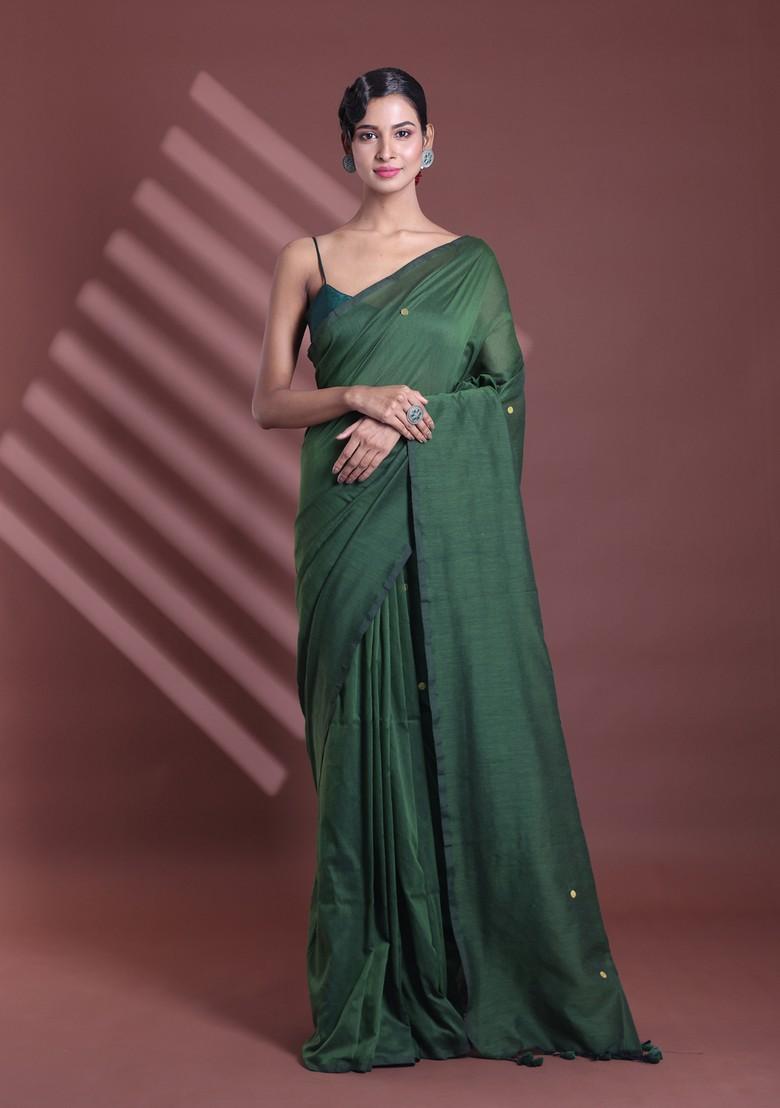 Moss Green Sequin Work Soft Pure Cotton Saree Set