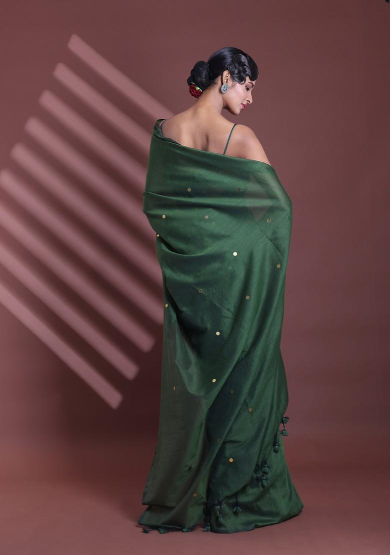 Moss Green Sequin Work Soft Pure Cotton Saree Set