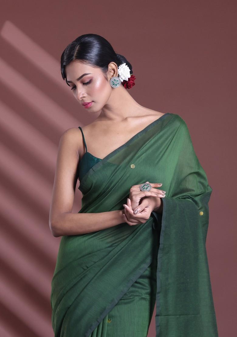 Moss Green Sequin Work Soft Pure Cotton Saree Set