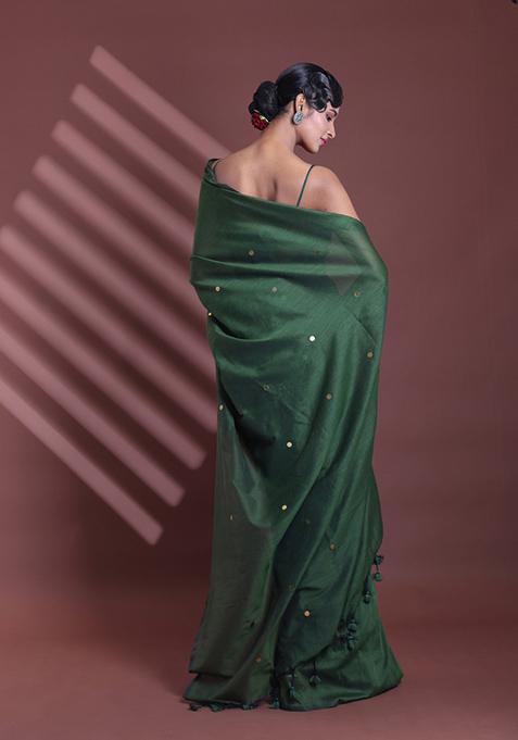 Moss Green Sequin Work Soft Pure Cotton Saree Set