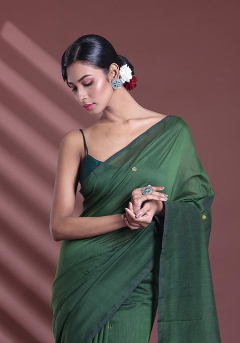 Moss Green Sequin Work Soft Pure Cotton Saree Set