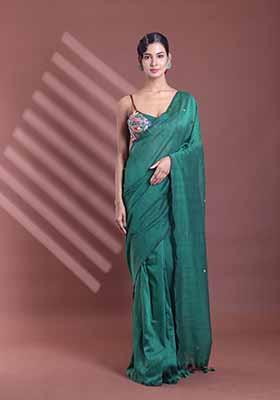 Green Sequin Work Soft Pure Cotton Saree Set