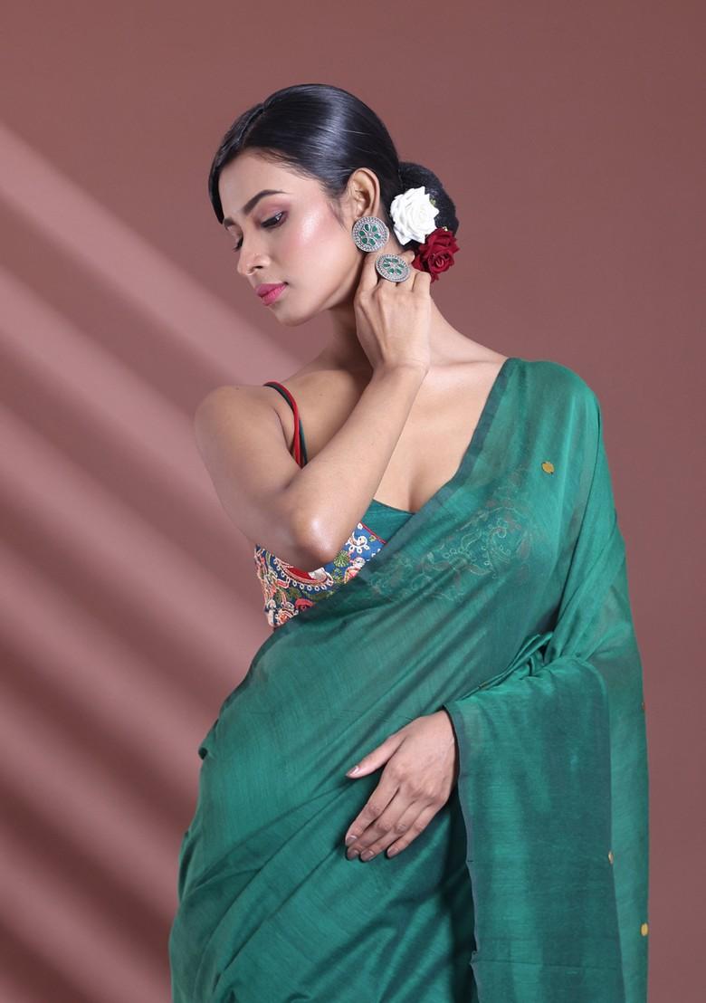 Green Sequin Work Soft Pure Cotton Saree Set