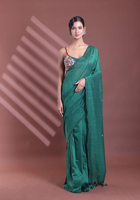 Green Sequin Work Soft Pure Cotton Saree Set