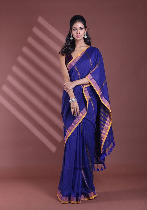 Blue Zari Striped Soft Pure Cotton Saree Set