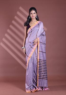 Grey Zari Striped Soft Pure Cotton Saree Set