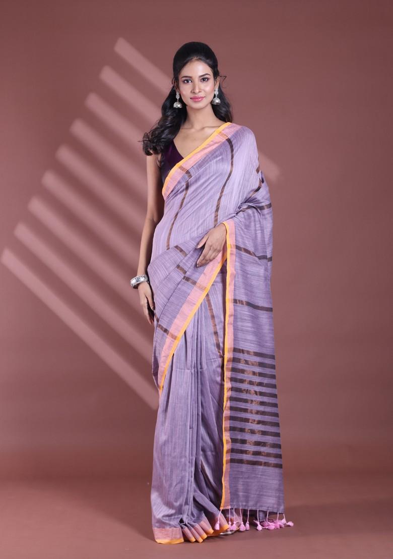Grey Zari Striped Soft Pure Cotton Saree Set