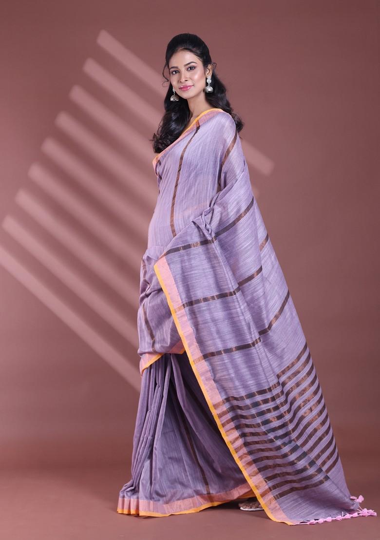 Grey Zari Striped Soft Pure Cotton Saree Set