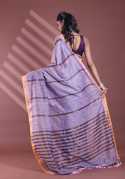 Grey Zari Striped Soft Pure Cotton Saree Set