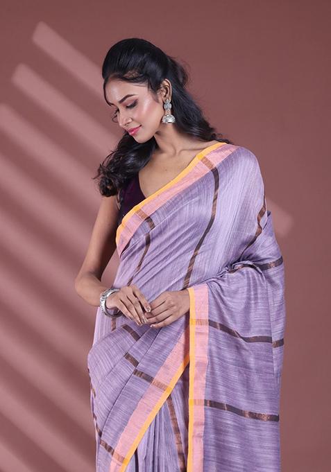 Grey Zari Striped Soft Pure Cotton Saree Set