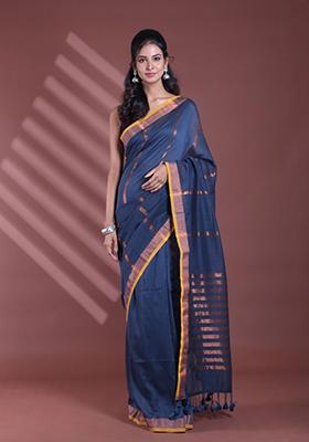 Dark Grey Zari Striped Soft Pure Cotton Saree Set