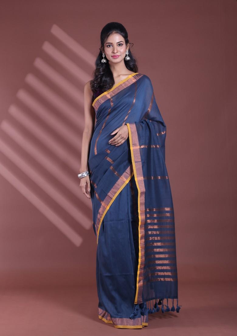 Dark Grey Zari Striped Soft Pure Cotton Saree Set