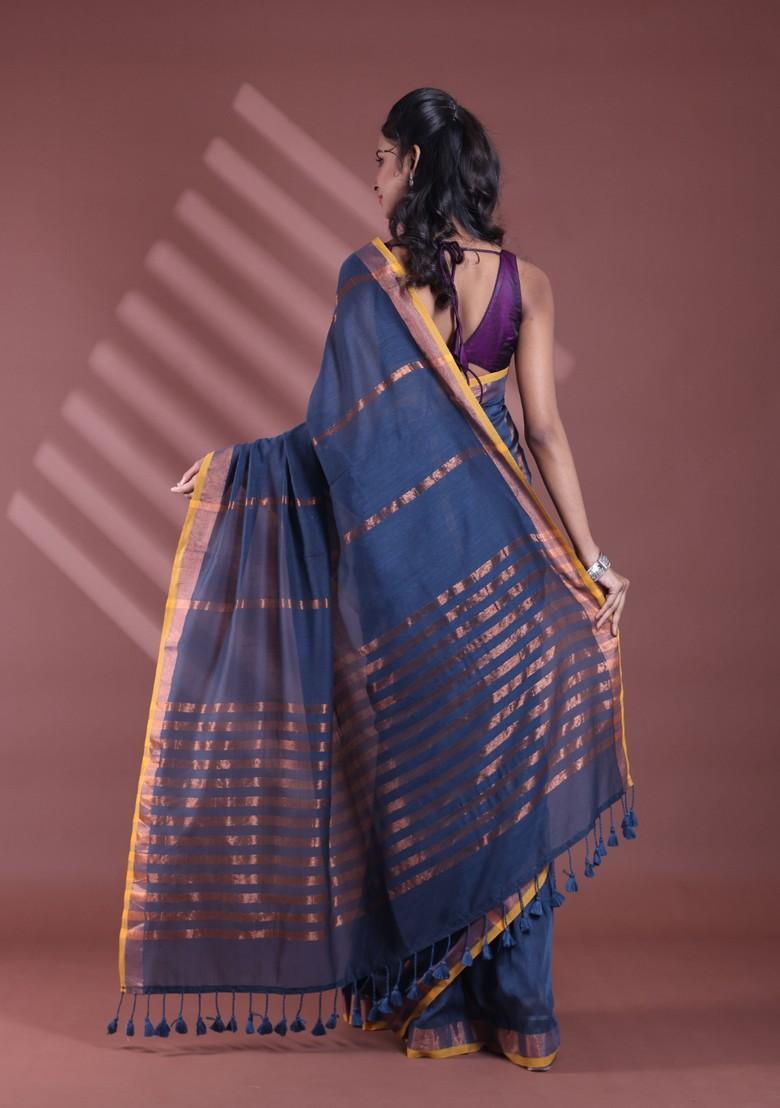 Dark Grey Zari Striped Soft Pure Cotton Saree Set