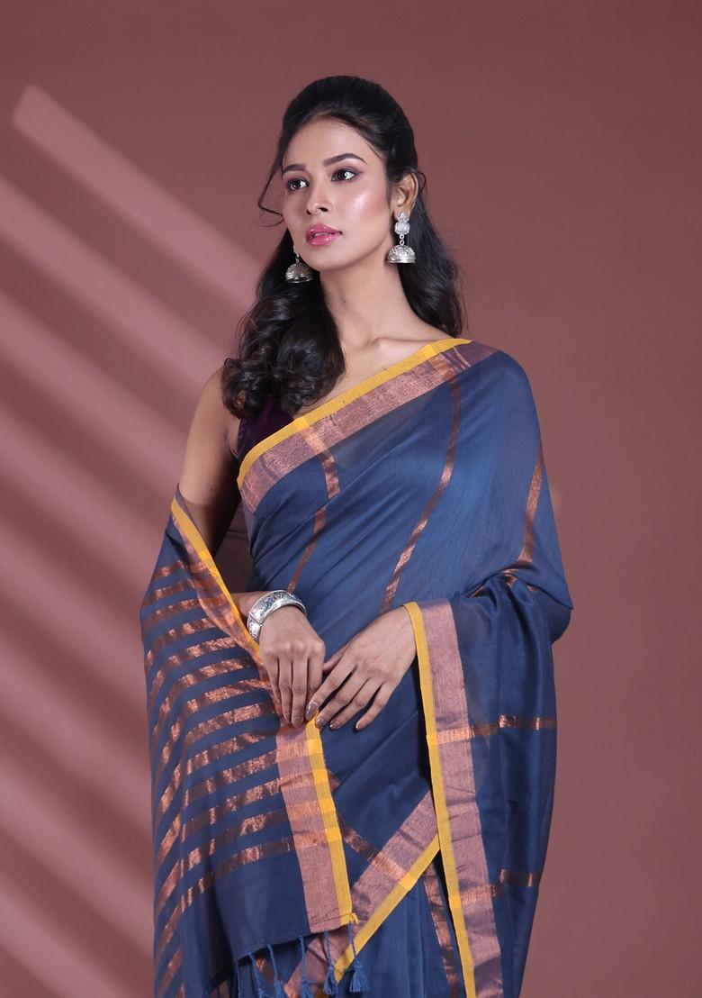 Dark Grey Zari Striped Soft Pure Cotton Saree Set