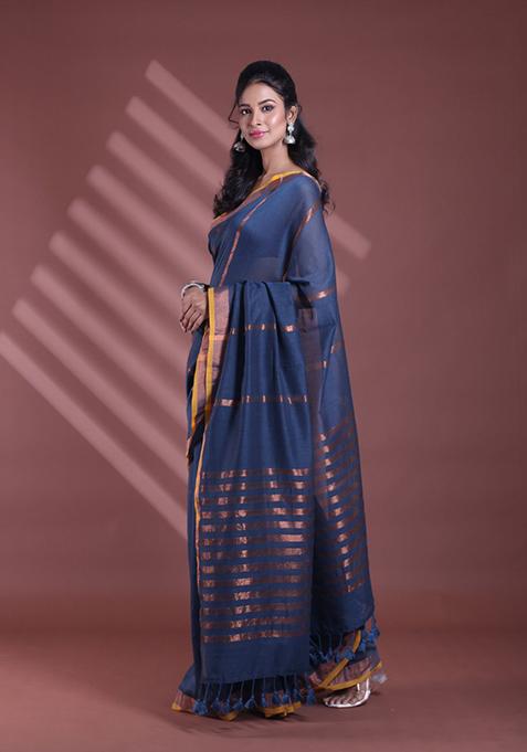 Dark Grey Zari Striped Soft Pure Cotton Saree Set
