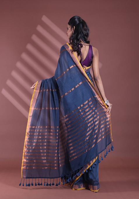 Dark Grey Zari Striped Soft Pure Cotton Saree Set