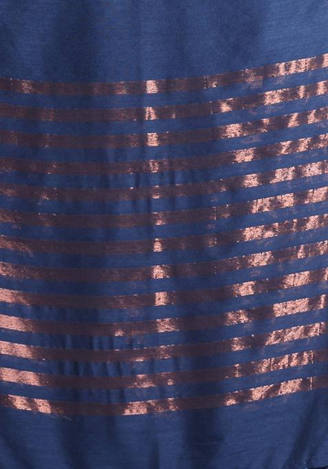 Dark Grey Zari Striped Soft Pure Cotton Saree Set