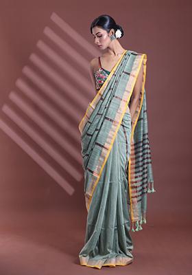 Pistachio Green Zari Striped Soft Pure Cotton Saree Set