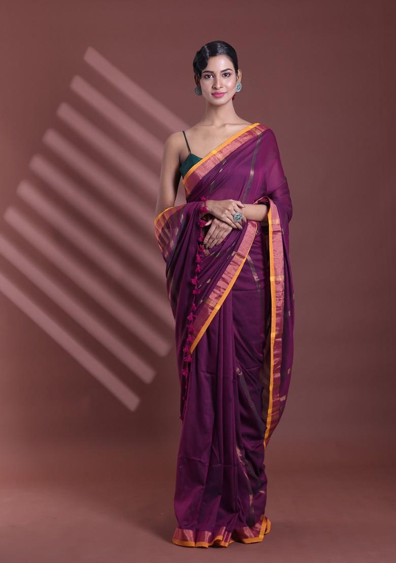 Purple Zari Striped Soft Pure Cotton Saree Set