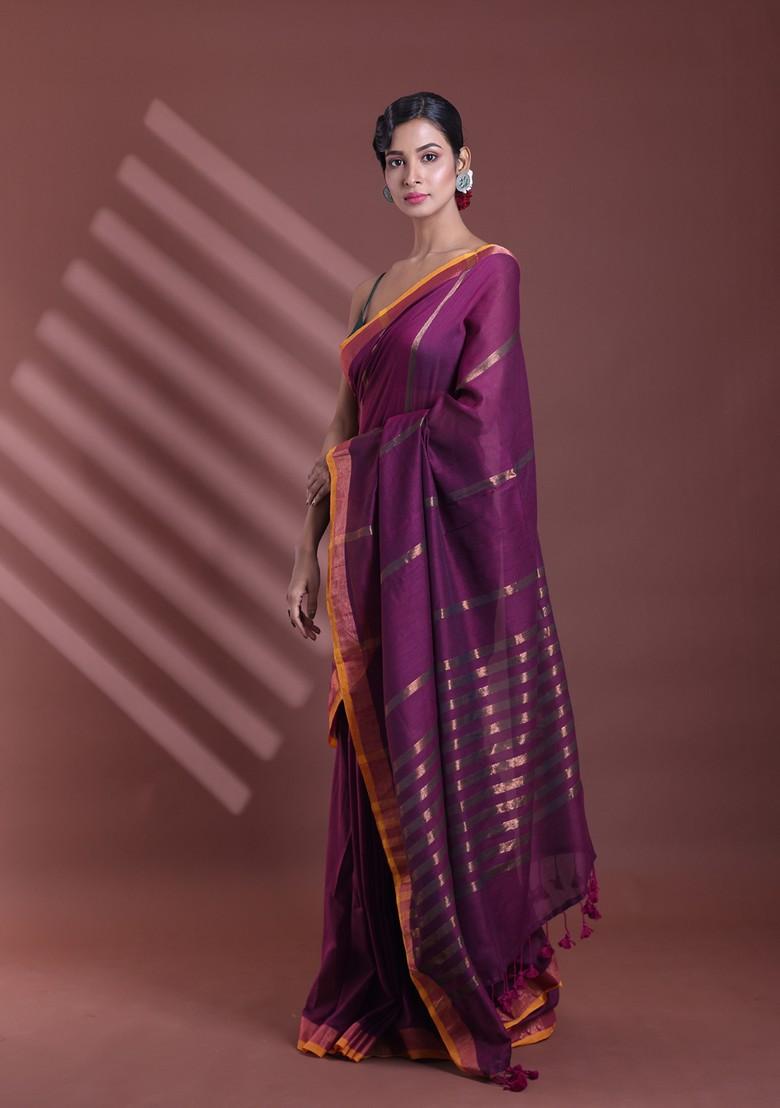 Purple Zari Striped Soft Pure Cotton Saree Set