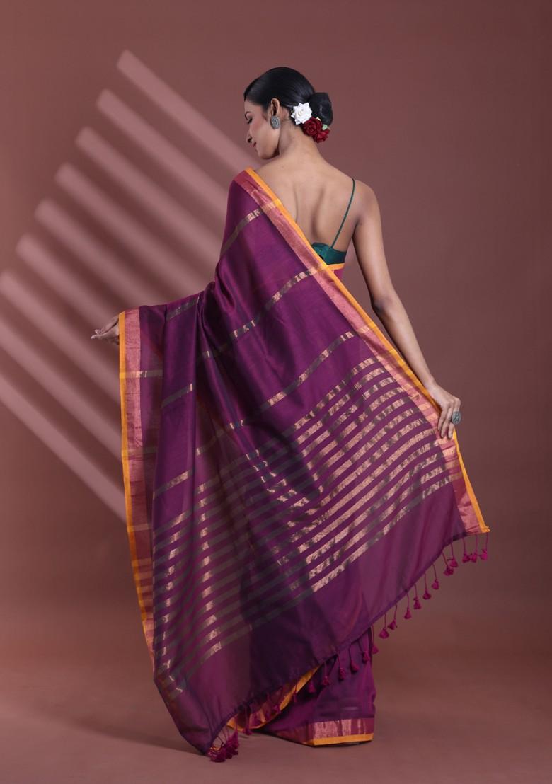 Purple Zari Striped Soft Pure Cotton Saree Set