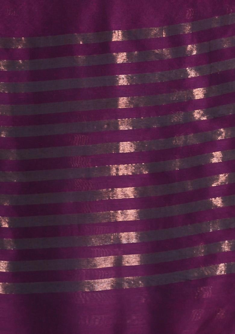 Purple Zari Striped Soft Pure Cotton Saree Set