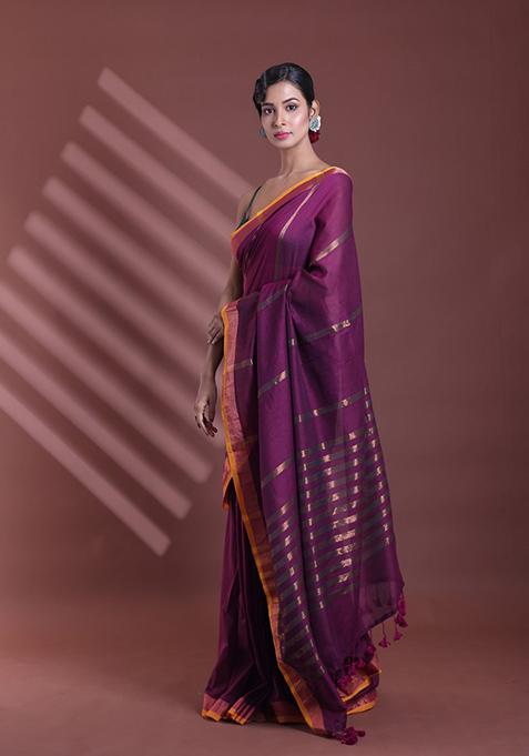 Purple Zari Striped Soft Pure Cotton Saree Set