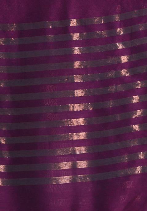 Purple Zari Striped Soft Pure Cotton Saree Set