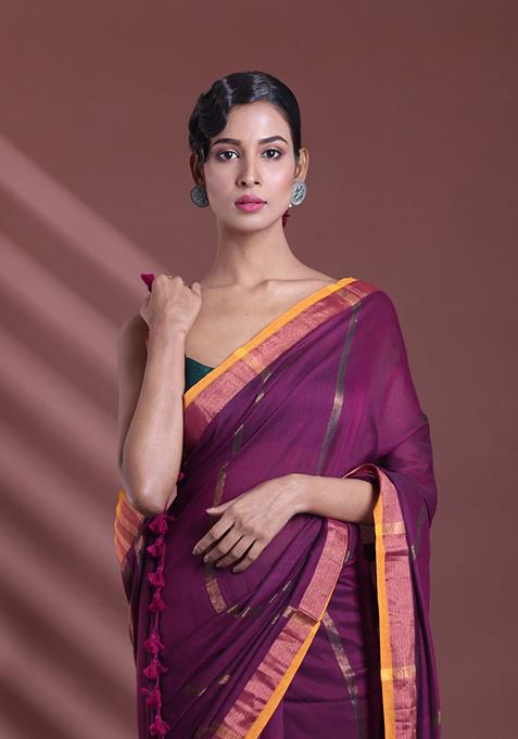 Purple Zari Striped Soft Pure Cotton Saree Set
