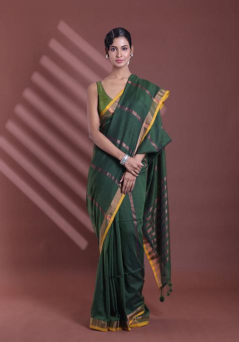 Forest Green Zari Striped Soft Pure Cotton Saree Set