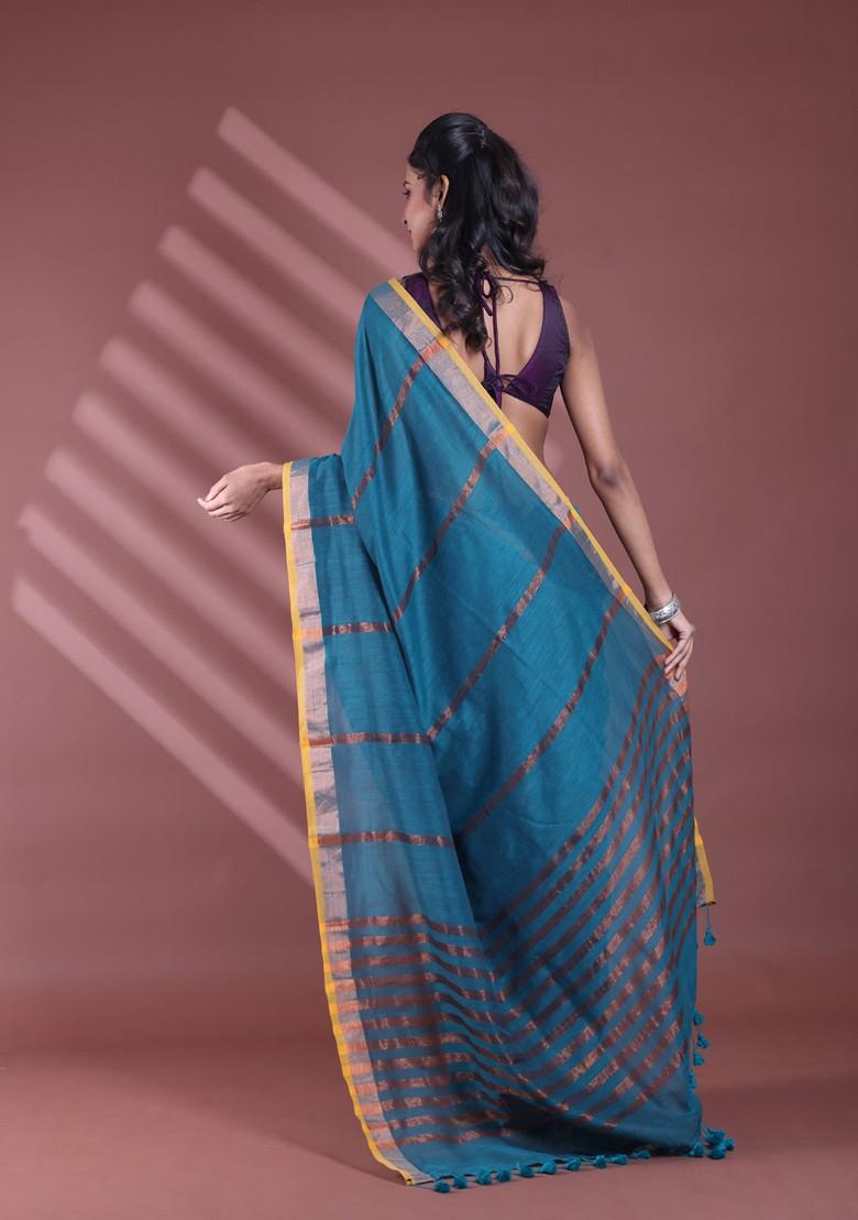 Teal Zari Striped Soft Pure Cotton Saree Set
