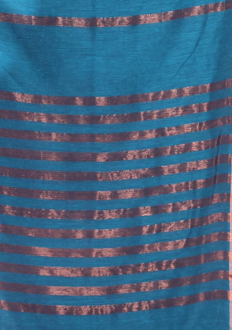 Teal Zari Striped Soft Pure Cotton Saree Set