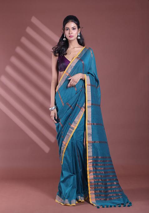 Teal Zari Striped Soft Pure Cotton Saree Set