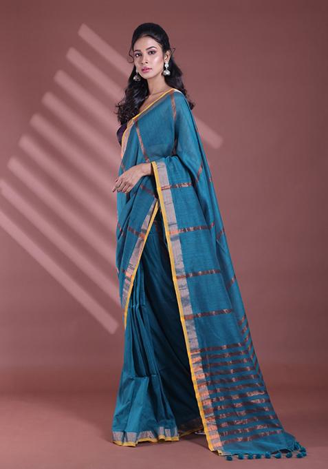 Teal Zari Striped Soft Pure Cotton Saree Set